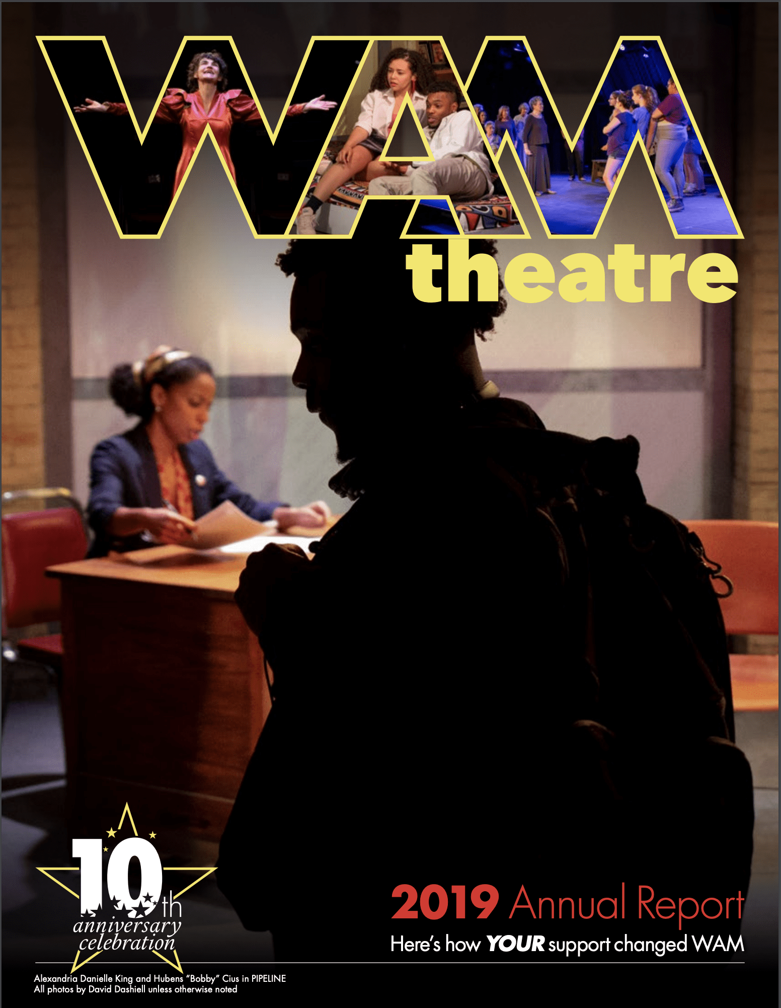 Cover image for the 2019 WAM Annual Report. The outline of a young black man is in the foreground, and a middle aged black woman with her hair tied back sits at a desk in the background.