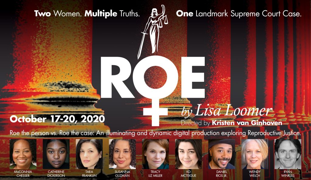 Banner for WAM Production of ROE. Headshots of actors along the bottom.