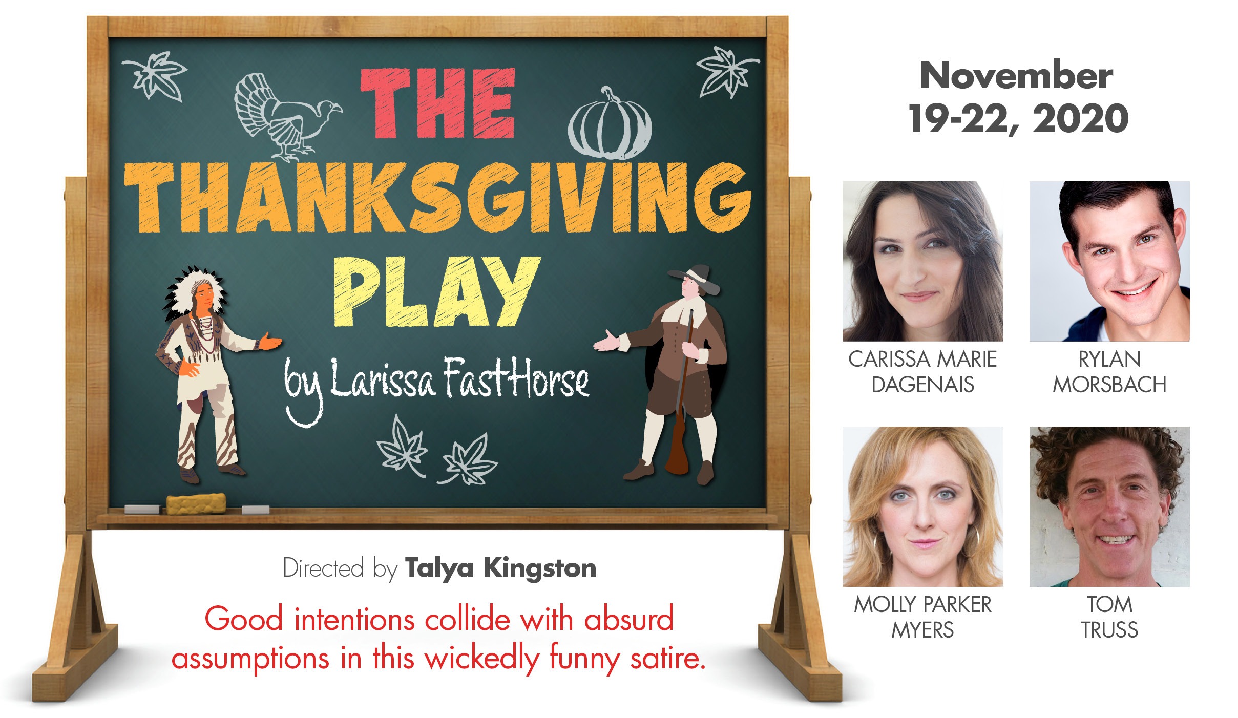 Banner promoting WAM's production of THE THANKSGIVING PLAY. A chalkboard with appears at left and headshots of the four actors appear at right.