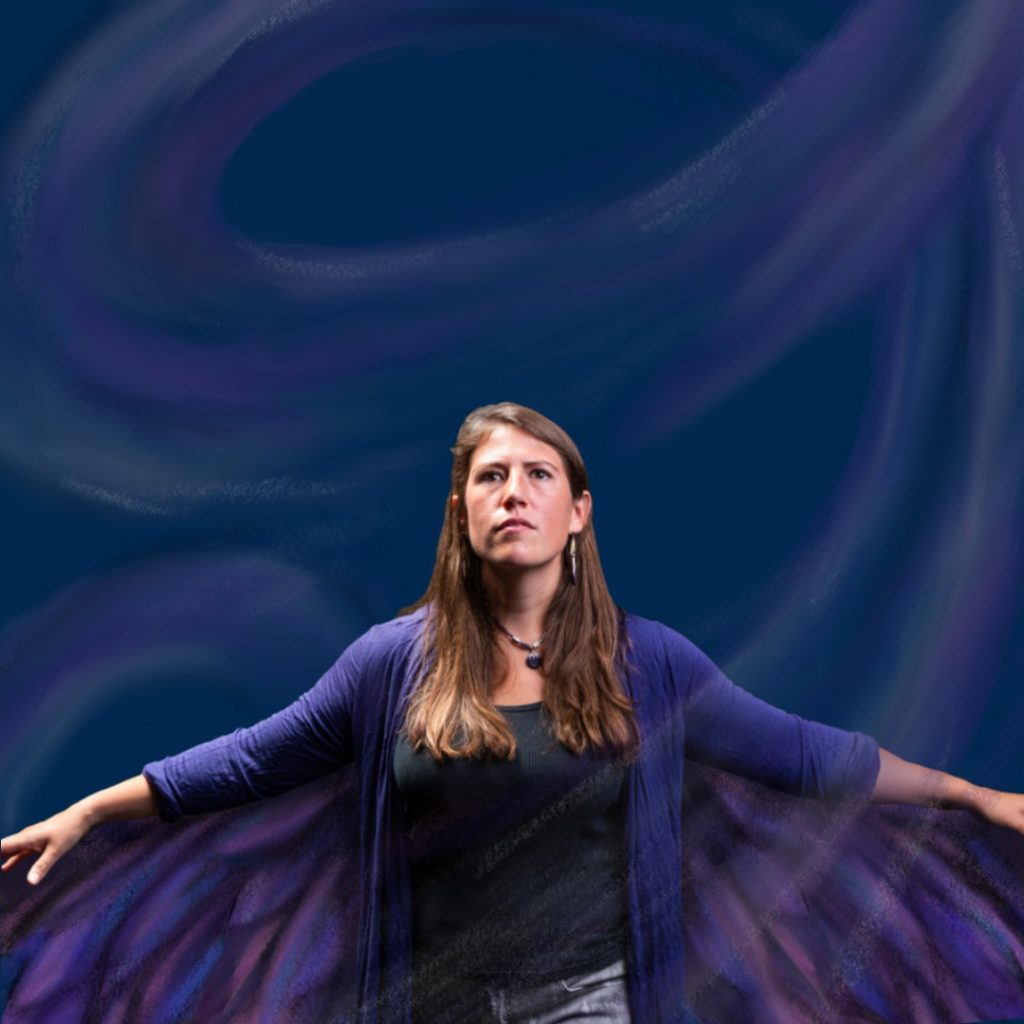 Dark blue banner with photograph of a young Mohican woman with long, loose brown hair. She is wearing blue and raising her arms as if flying.
